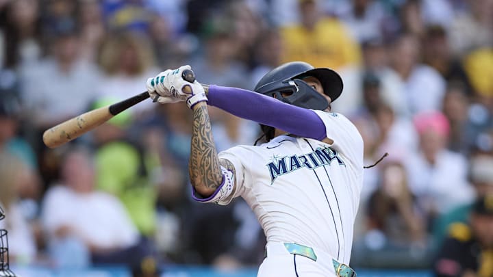 Seattle Mariners shortstop J.P. Crawford (3) hits a double against the Pittsburgh Pirates during the third inning at T-Mobile Park on July 5. Seattle Mariners shortstop J.P. Crawford (3) hits a double against the Pittsburgh Pirates during the third inning at T-Mobile Park on July 5.