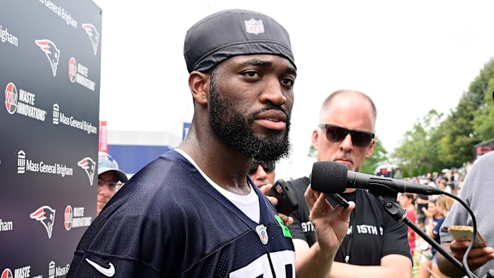 Jul 27, 2023; Foxborough, MA, USA; New England Patriots linebacker Josh Uche (55) speaks to the media after training camp at Gillette Stadium.