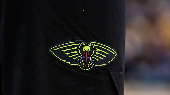 Jan 19, 2024; New Orleans, Louisiana, USA;  Detailed view of the New Orleans Pelicans City Edition logo against the Phoenix Suns during the second half at Smoothie King Center. Mandatory Credit: Stephen Lew-Imagn Images