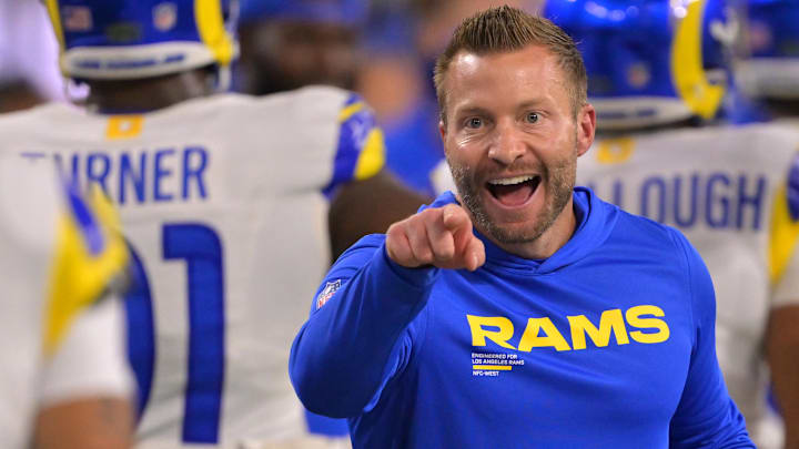 Nov 23, 2025; Inglewood, California, USA; Los Angeles Rams head coach Sean McVay congratulates cornerback Cobie Durant (14) after an interception for a touchdown in the first half against the Tampa Bay Buccaneers at SoFi Stadium. Mandatory Credit: Jayne Kamin-Oncea-Imagn Images Nov 23, 2025; Inglewood, California, USA; Los Angeles Rams head coach Sean McVay congratulates cornerback Cobie Durant (14) after an interception for a touchdown in the first half against the Tampa Bay Buccaneers at SoFi Stadium. Mandatory Credit: Jayne Kamin-Oncea-Imagn Images