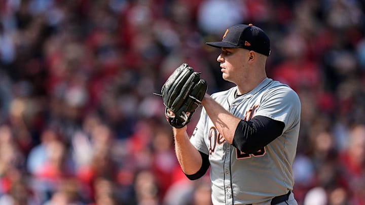 Detroit Tigers pitcher Tarik Skubal (29) throws against Cleveland Guardians during the second inning at Game 5 of ALDS at Progressive Field in Cleveland, Ohio on Saturday, Oct. 12, 2024.