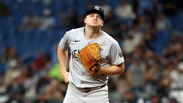 May 10, 2024; St. Petersburg, Florida, USA; New York Yankees pitcher Clarke Schmidt (36) looks on while on the mound against the Tampa Bay Rays during the first inning  at Tropicana Field. Mandatory Credit: Kim Klement Neitzel-USA TODAY Sports