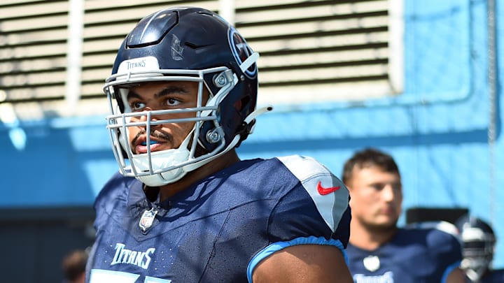 Oct 1, 2023; Nashville, Tennessee, USA; Tennessee Titans offensive tackle Andre Dillard (71)