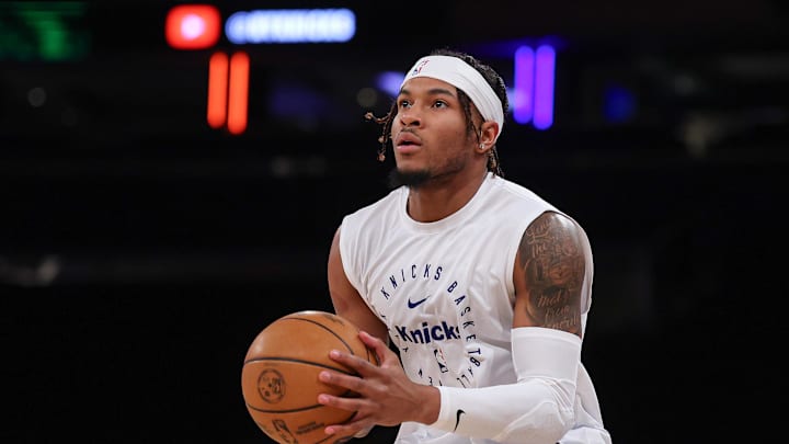 May 12, 2025; New York, New York, USA; New York Knicks guard Miles McBride (2) warms up during game four of the second round for the 2025 NBA Playoffs against the Boston Celtics at Madison Square Garden. Mandatory Credit: Vincent Carchietta-Imagn Images