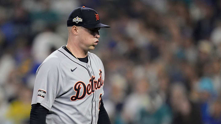 Tigers pitcher Tarik Skubal walks off the field after pitching the first inning against Mariners at ALDS Game 5 at T-Mobile Park in Seattle on Friday, Oct. 10, 2025.
