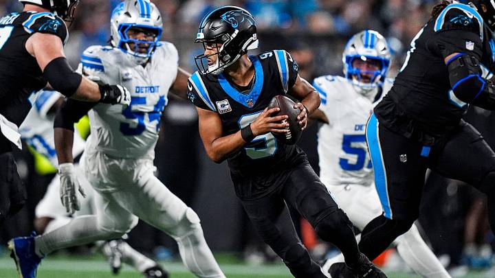 Carolina Panthers quarterback Bryce Young (9) runs against Detroit Lions during the first half at Bank of America Stadium in Charlotte on Sunday, Oct. 4, 2026. Carolina Panthers quarterback Bryce Young (9) runs against Detroit Lions during the first half at Bank of America Stadium in Charlotte on Sunday, Oct. 4, 2026.