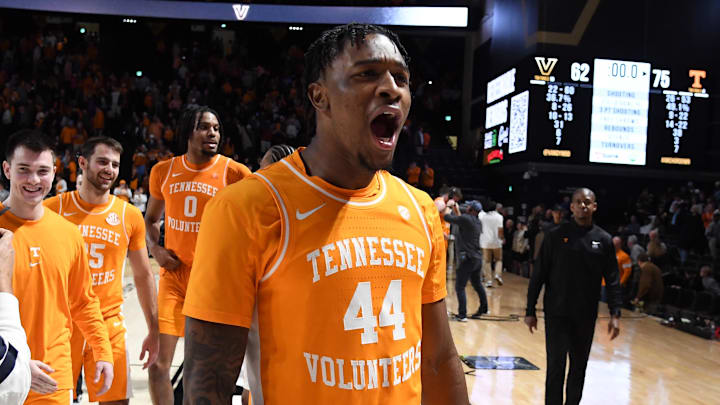 Jan 27, 2024; Nashville, Tennessee, USA; Tennessee Volunteers guard D.J. Jefferson (44) celebrates