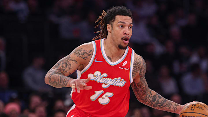 Jan 27, 2025; New York, New York, USA; Memphis Grizzlies forward Brandon Clarke (15) dribbles up court during the first half against the New York Knicks at Madison Square Garden. Mandatory Credit: Vincent Carchietta-Imagn Images