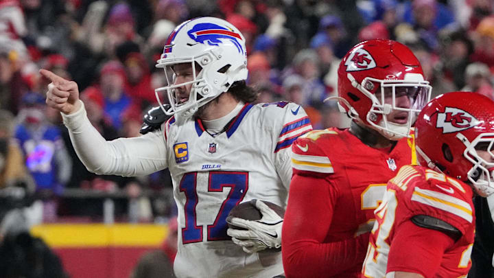 Jan 26, 2025; Kansas City, MO, USA; Buffalo Bills quarterback Josh Allen (17) reacts after a first down against the Kansas City Chiefs during the second half in the AFC Championship game Jan 26, 2025; Kansas City, MO, USA; Buffalo Bills quarterback Josh Allen (17) reacts after a first down against the Kansas City Chiefs during the second half in the AFC Championship game