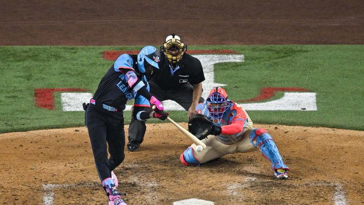 Jul 16, 2024; Arlington, Texas, USA; National League shortstop Elly De La Cruz of the Cincinnati Reds (44) hits a single against the American League during the seventh inning of the 2024 MLB All-Star game at Globe Life Field. Mandatory Credit: Jerome Miron-USA TODAY Sports