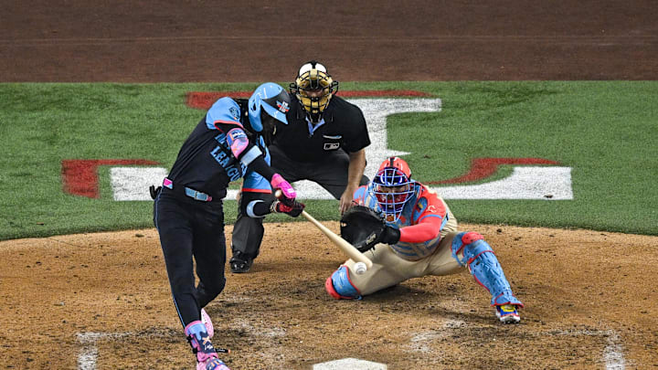 Jul 16, 2024; Arlington, Texas, USA; National League shortstop Elly De La Cruz of the Cincinnati Reds (44) hits a single against the American League during the seventh inning of the 2024 MLB All-Star game at Globe Life Field. Mandatory Credit: Jerome Miron-Imagn Images