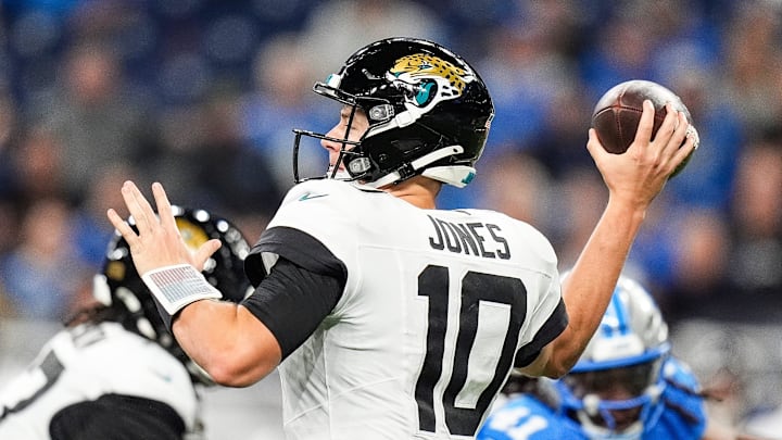 Jacksonville Jaguars quarterback Mac Jones (10) makes a pass against Jacksonville Jaguars during the second half at Ford Field in Detroit on Sunday, Nov. 17, 2024.