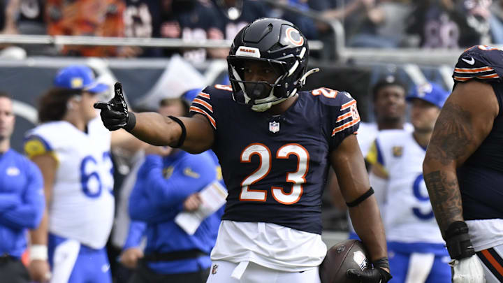 Sep 29, 2024; Chicago, Illinois, USA;  Chicago Bears running back Roschon Johnson (23) points after getting a first down against the Los Angeles Rams during the second half at Soldier Field. Mandatory Credit: Matt Marton-Imagn Images