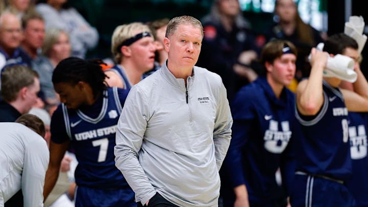 Jan 23, 2026; Fort Collins, Colorado, USA; Utah State Aggies head coach Jerrod Calhoun in the first half against the Colorado State Rams at Moby Arena. Mandatory Credit: Isaiah J. Downing-Imagn Images