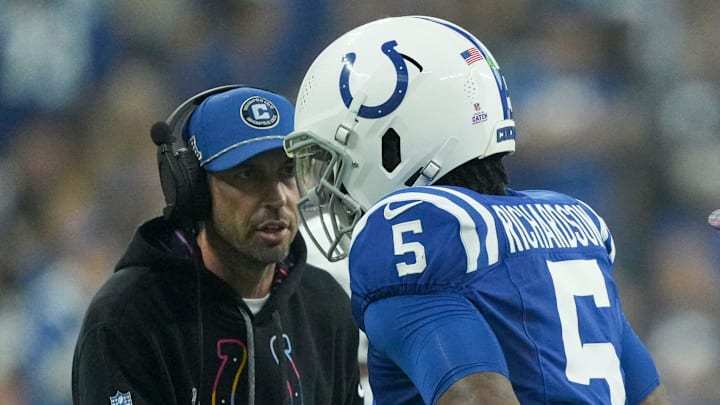 Indianapolis Colts quarterback Anthony Richardson (5) talks with Indianapolis Colts Shane Steichen on Sunday, Sept. 29, 2024, during a game against the Pittsburgh Steelers at Lucas Oil Stadium in Indianapolis.