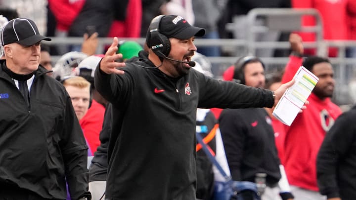 Oct 21, 2023; Columbus, Ohio, USA; Ohio State Buckeyes head coach Ryan Day gestures from the sideline during an NCAA football game against the Penn State Nittany Lions at Ohio Stadium.