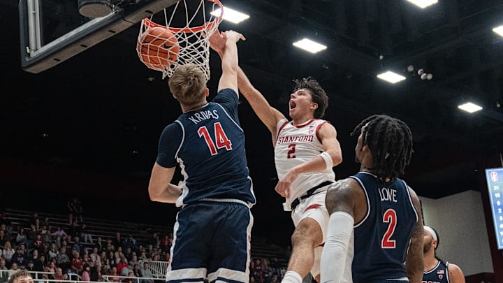 Dec 31, 2023; Stanford, California, USA; Stanford Cardinal guard Andrej Stojakovic (2) scores during