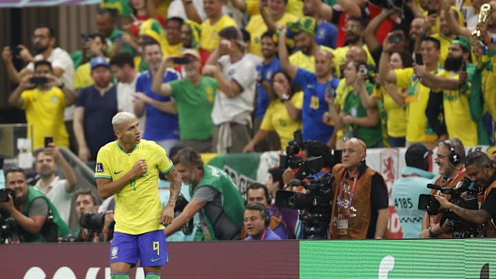Nov 24, 2022; Lusail, Qatar; Brazil forward Richarlison (9) reacts after scoring a goal against Serbia in their 2-0 victory on Thursday.