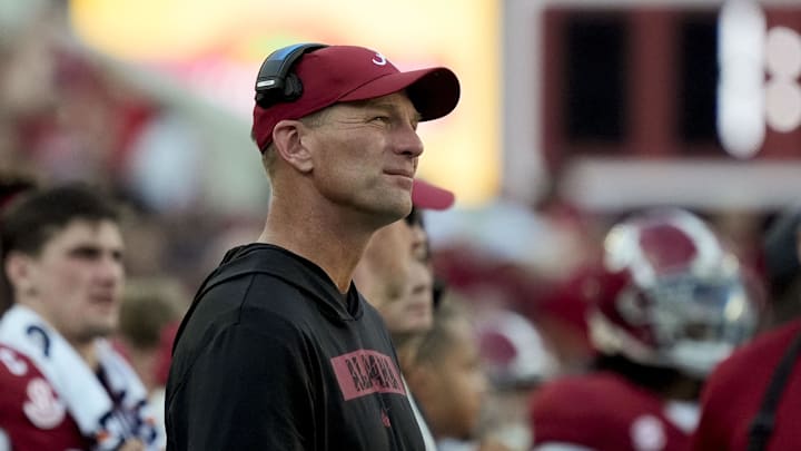 Tuscaloosa, Alabama, USA;  Alabama head coach Kalen DeBoer watches his team play Eastern Illinois at Saban Field at Bryant-Denny Stadium.