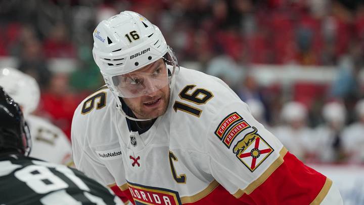 Florida Panthers Aleksander Barkov (16) waits for a face off during the second period against the Carolina Hurricanes at Lenovo Center.  Mandatory Credit: James Guillory-Imagn Images