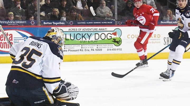 Erie Otters goaltender Charlie Burns stops a Sault Ste. Marie Greyhounds shot at Erie Insurance Arena in Erie on Nov. 22, 2024. Erie Otters goaltender Charlie Burns stops a Sault Ste. Marie Greyhounds shot at Erie Insurance Arena in Erie on Nov. 22, 2024.