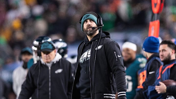 Dec 15, 2024; Philadelphia, Pennsylvania, USA; Philadelphia Eagles head coach Nick Sirianni looks on against the Pittsburgh Steelers at Lincoln Financial Field. Mandatory Credit: Bill Streicher-Imagn Images