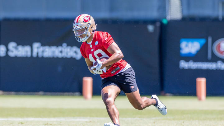 May 10, 2024; Santa Clara, CA, USA; San Francisco 49ers running back Isaac Guerendo (49) runs drills during the 49ers rookie minicamp at Levi’s Stadium in Santa Clara, CA. Mandatory Credit: Robert Kupbens-USA TODAY Sports