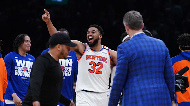 New York Knicks center Karl-Anthony Towns reacts after defeating the Boston Celtics. Mandatory Credit: David Butler II-Imagn Images