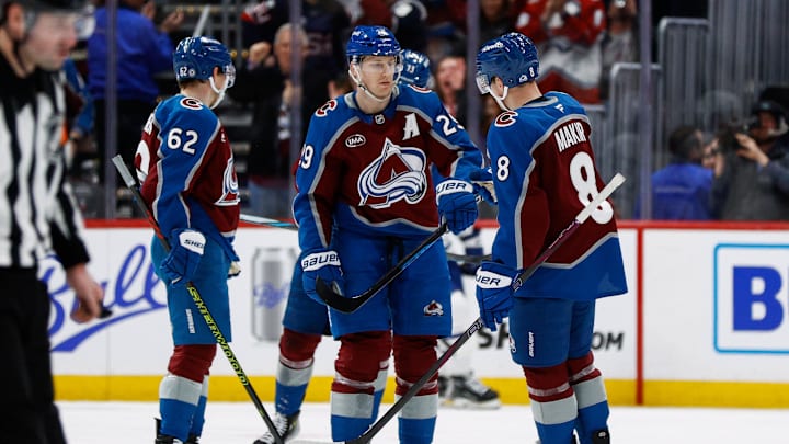 Mar 8, 2025; Denver, Colorado, USA; Colorado Avalanche center Nathan MacKinnon (29) celebrates his goal with defenseman Cale Makar (8) in the third period against the Toronto Maple Leafs at Ball Arena. Mandatory Credit: Isaiah J. Downing-Imagn Images