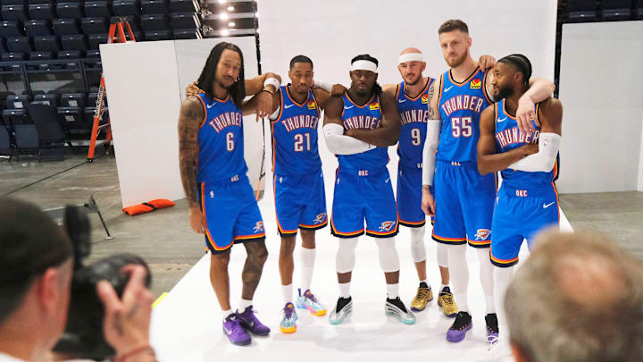 From left, Jaylin Williams, Aaron Wiggins, Lu Dort, Alex Caruso, Isaiah Hartenstein and Isaiah Joe during the Thunder media day.