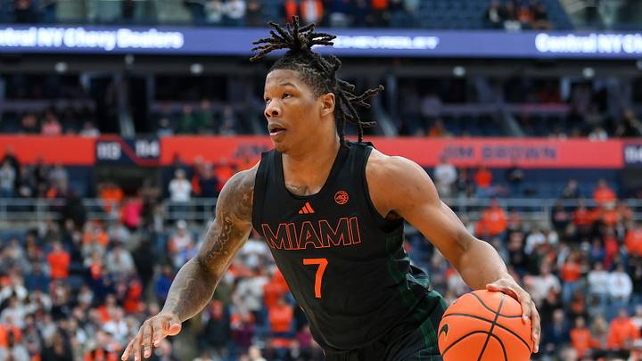 Jan 24, 2026; Syracuse, New York, USA; Miami Hurricanes forward Shelton Henderson (7) drives during the first half against the Syracuse Orange at the JMA Wireless Dome. Mandatory Credit: Rich Barnes-Imagn Images