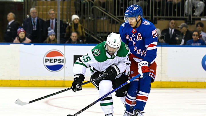 Dec 2, 2025; New York, New York, USA;  New York Rangers left wing Artemi Panarin (10) defends against Dallas Stars center Colin Blackwell (15) during the second period at Madison Square Garden. Mandatory Credit: Dennis Schneidler-Imagn Images