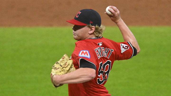 Jun 25, 2025; Cleveland, Ohio, USA; Cleveland Guardians relief pitcher Nic Enright (59) delivers a pitch in the tenth inning against the Toronto Blue Jays at Progressive Field. Mandatory Credit: David Richard-Imagn Images