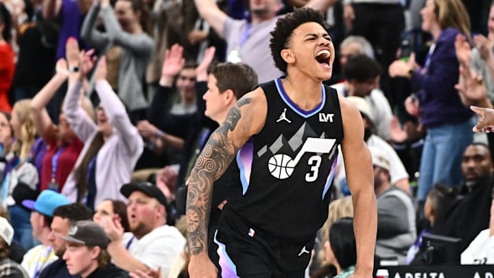 Apr 9, 2025; Salt Lake City, Utah, USA;  Utah Jazz guard Keyonte George (3) celebrates after sinking a three point basket in overtime against the Portland Trail Blazers at Delta Center. Mandatory Credit: Jamie Sabau-Imagn Images