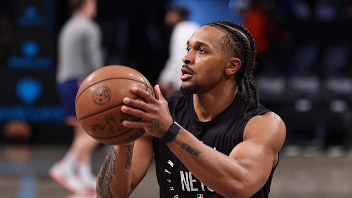 Apr 13, 2025; Brooklyn, New York, USA; Brooklyn Nets guard Tyson Etienne (10) warms up before the game against the New York Knicks at Barclays Center. Mandatory Credit: Vincent Carchietta-Imagn Images