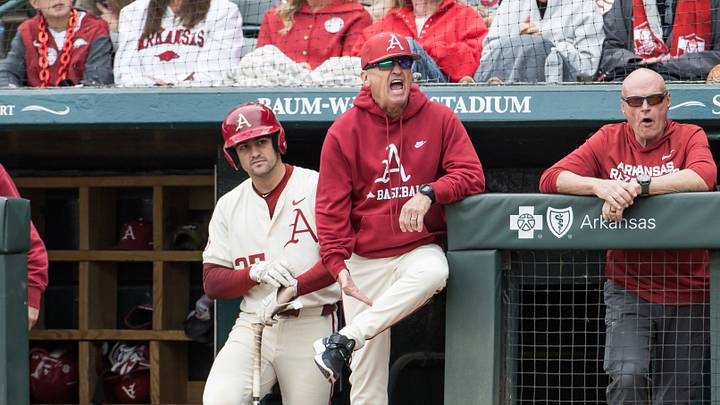 Apr 18, 2026; Fayetteville, AR, USA; Arkansas Razorbacks head coach Dave Van Horn yells towards the home umpire during the fifth inning against the Georgia Bulldogs at Baum-Walker Stadium. Georgia won 26-14. Mandatory Credit: Brett Rojo-Imagn Images Apr 18, 2026; Fayetteville, AR, USA; Arkansas Razorbacks head coach Dave Van Horn yells towards the home umpire during the fifth inning against the Georgia Bulldogs at Baum-Walker Stadium. Georgia won 26-14. Mandatory Credit: Brett Rojo-Imagn Images