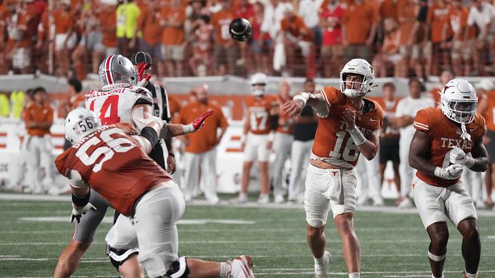 Sep 12, 2026; Austin, Texas, USA; Texas Longhorns quarterback Arch Manning (16) passes against the Ohio State Buckeyes during the second half at Darrell K Royal-Texas Memorial Stadium. Mandatory Credit: Scott Wachter-Imagn Images Sep 12, 2026; Austin, Texas, USA; Texas Longhorns quarterback Arch Manning (16) passes against the Ohio State Buckeyes during the second half at Darrell K Royal-Texas Memorial Stadium. Mandatory Credit: Scott Wachter-Imagn Images