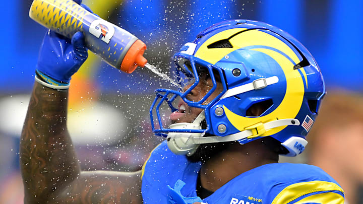 Los Angeles Rams linebacker Jared Verse (8) cools off prior to the game against the Indianapolis Colts at SoFi Stadium. 