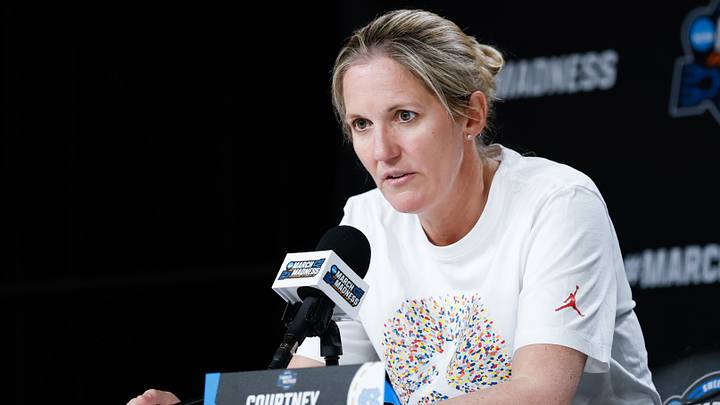 Mar 26, 2026; Fort Worth, TX, USA;  North Carolina Tar Heels head coach Courtney Banghart speaks during a press conference ahead ofÊthe women's 2026 NCAA Tournament at Dickies Arena. Mandatory Credit: Chris Jones-Imagn Images