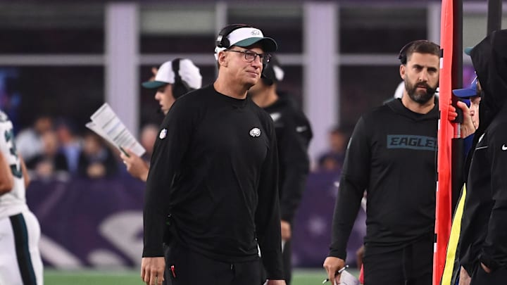 Aug 15, 2024; Foxborough, MA, USA; Philadelphia Eagles quarterbacks coach Doug Nussmeier works on the sideline during the first half against the New England Patriots at Gillette Stadium. Mandatory Credit: Eric Canha-Imagn Images