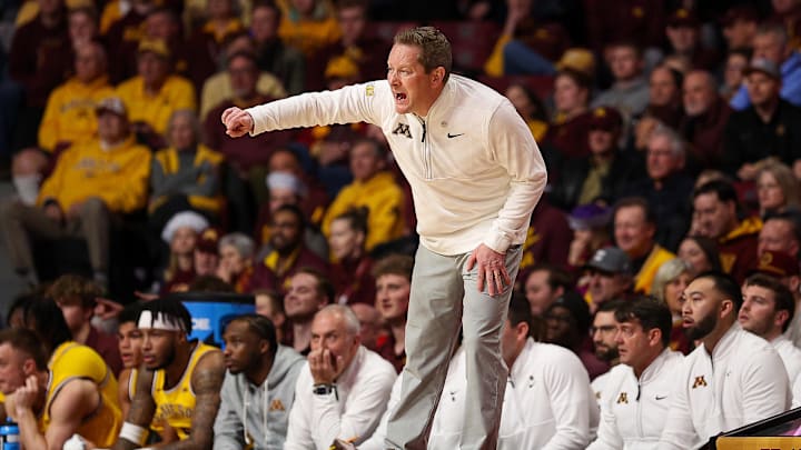 Jan 13, 2026; Minneapolis, Minnesota, USA; Minnesota Golden Gophers head coach Niko Medved reacts during the first half against the Wisconsin Badgers at Williams Arena. Mandatory Credit: Matt Krohn-Imagn Images