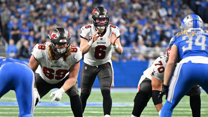 Jan 21, 2024; Detroit, Michigan, USA; Tampa Bay Buccaneers quarterback Baker Mayfield (6) prepares for a snap against the Detroit Lions during the second half in a 2024 NFC divisional round game at Ford Field. Mandatory Credit: Lon Horwedel-USA TODAY Sports