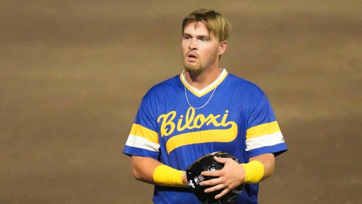 Biloxi Shuckers infielder Blake Burke (38) walks to the dugout between innings during a minor league baseball game against the Knoxville Smokies on August 5, 2025, Knoxville, Tennessee. Biloxi Shuckers infielder Blake Burke (38) walks to the dugout between innings during a minor league baseball game against the Knoxville Smokies on August 5, 2025, Knoxville, Tennessee.