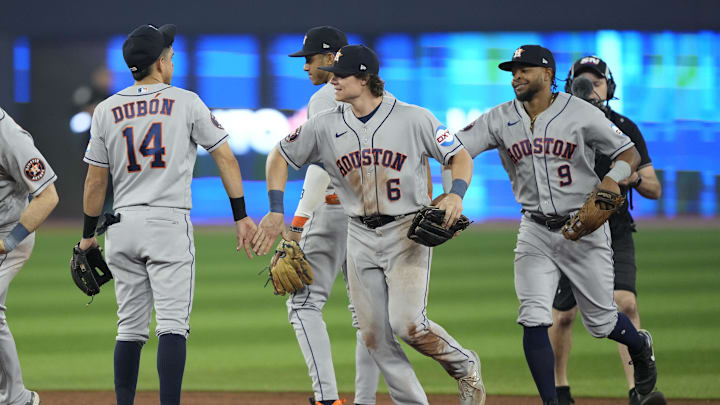 Jun 5, 2023; Toronto, Ontario, CAN; Houston Astros center fielder Jake Meyers (6) and left fielder