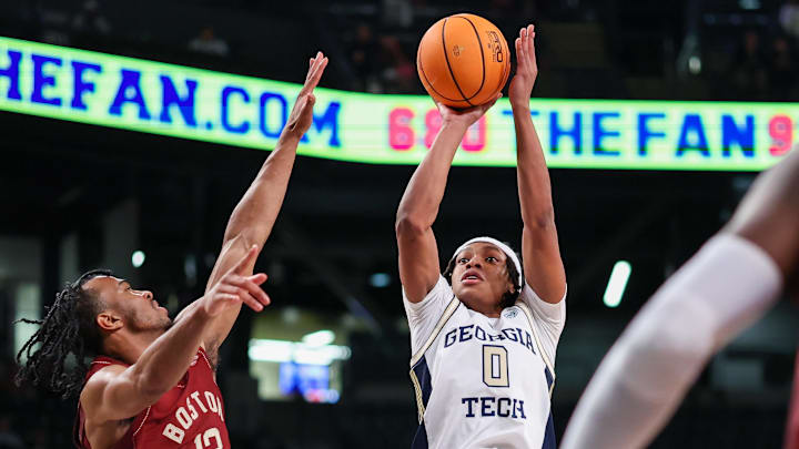 Jan 3, 2026; Atlanta, Georgia, USA; Georgia Tech Yellow Jackets guard Akai Fleming (0) shoots against the Boston College Eagles in the second half at McCamish Pavilion. Mandatory Credit: Brett Davis-Imagn Images
