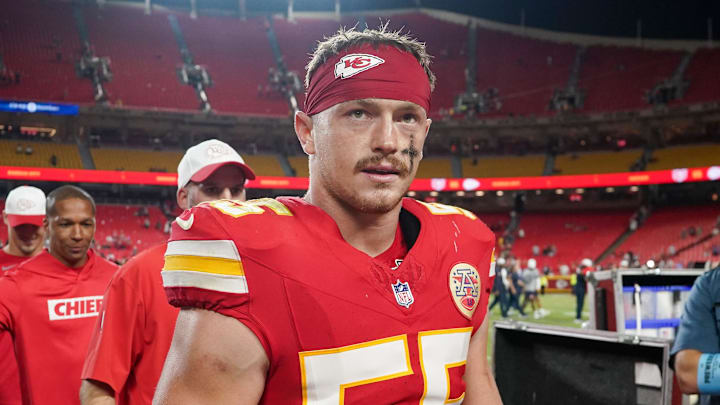 Aug 22, 2024; Kansas City, Missouri, USA; Kansas City Chiefs linebacker Swayze Bozeman (55) leaves the field after the game against the Chicago Bears at GEHA Field at Arrowhead Stadium. Mandatory Credit: Denny Medley-Imagn Images Aug 22, 2024; Kansas City, Missouri, USA; Kansas City Chiefs linebacker Swayze Bozeman (55) leaves the field after the game against the Chicago Bears at GEHA Field at Arrowhead Stadium. Mandatory Credit: Denny Medley-Imagn Images