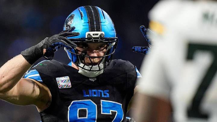 Detroit Lions edge rusher Aidan Hutchinson (97) gets ready for a play against Green Bay Packers during the second half at Ford Field in Detroit on Sunday, Oct. 25, 2026. Detroit Lions edge rusher Aidan Hutchinson (97) gets ready for a play against Green Bay Packers during the second half at Ford Field in Detroit on Sunday, Oct. 25, 2026.