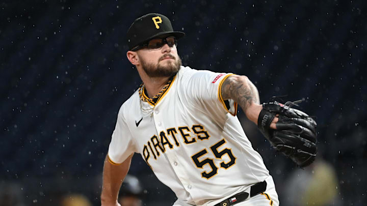 Jun 9, 2025; Pittsburgh, Pennsylvania, USA;  Pittsburgh Pirates relief pitcher Chase Shugart (55) throws the ball against the Miami Marlins at PNC Park. Mandatory Credit: Philip G. Pavely-Imagn Images