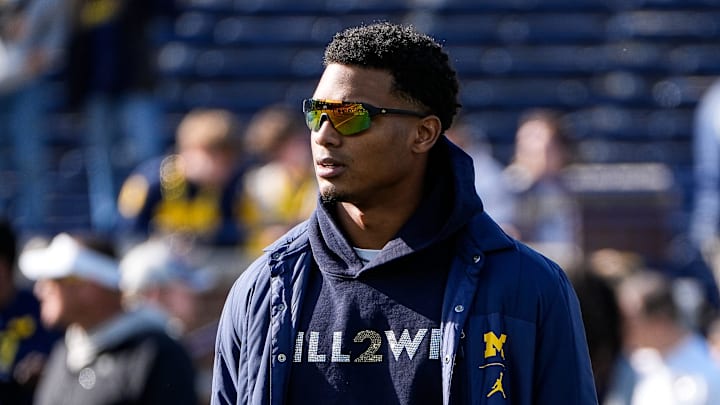 Michigan defensive back Will Johnson (2) watches warm up before the Oregon game at Michigan Stadium in Ann Arbor on Saturday, Nov. 2, 2024.