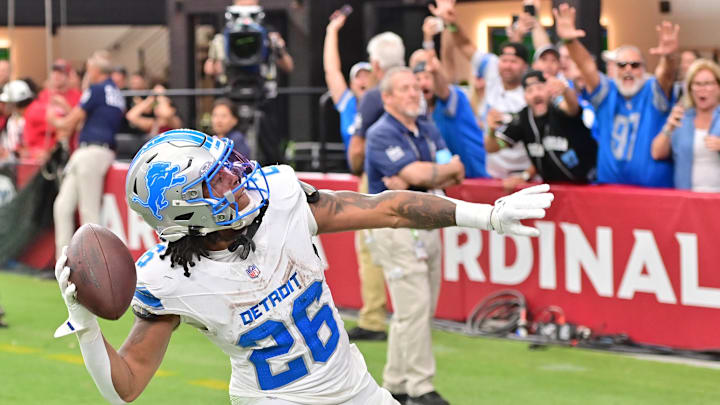 Detroit Lions running back Jahmyr Gibbs (26).